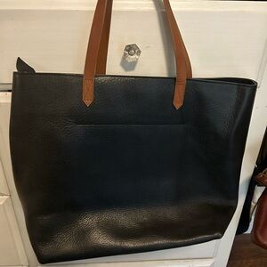 Black Leather Tote Bag with Brown Handles